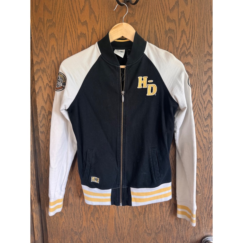 Harley-Davidson Womens Varsity Bomber Jacket‎ Black White Embroidered Patch Med
